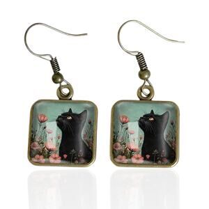 Floral Black Cat Earrings – Square Glass Dangle Jewelry with Teal Background